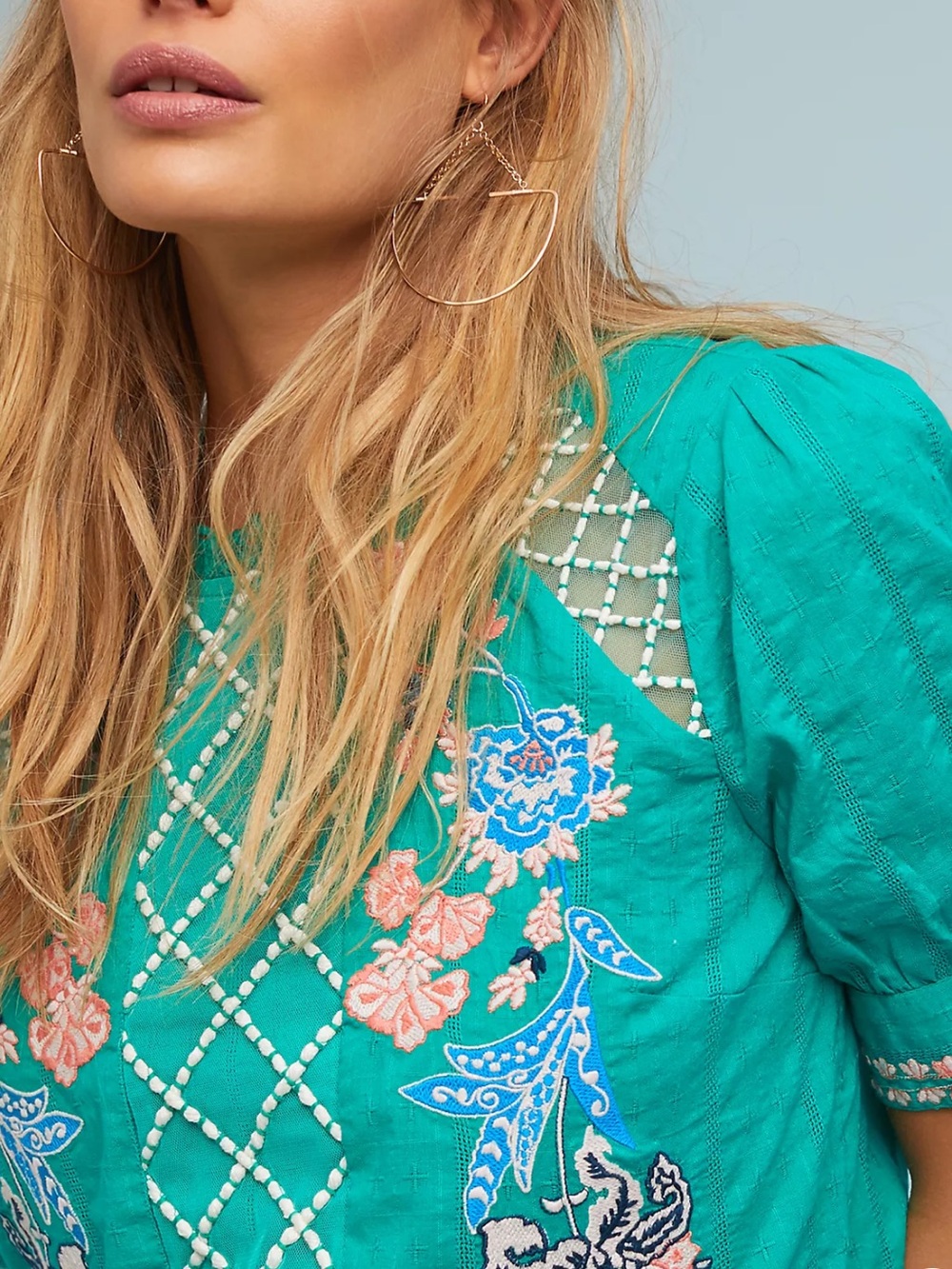 Anthropologie Perennial Maeve Floral Teal Embroidered Short Sleeve